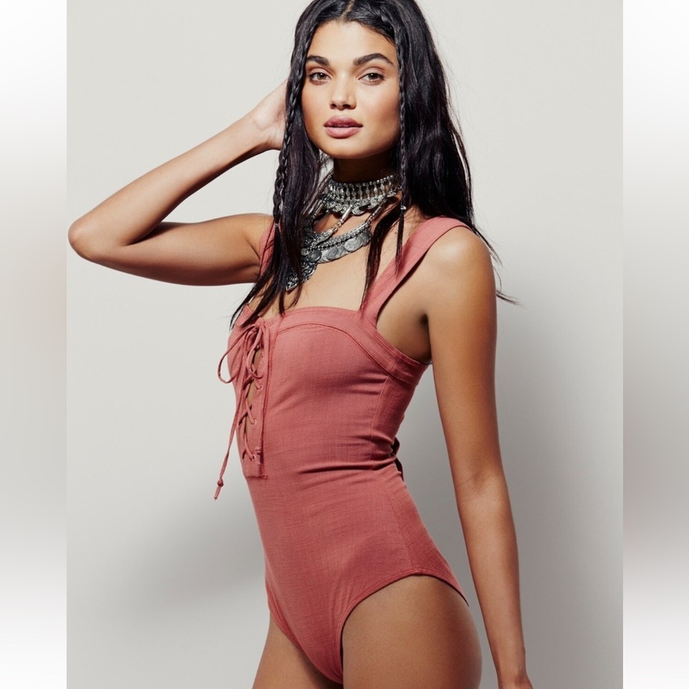 Free People Philo Lace Up Corset Bodysuit in Terra-cotta rust